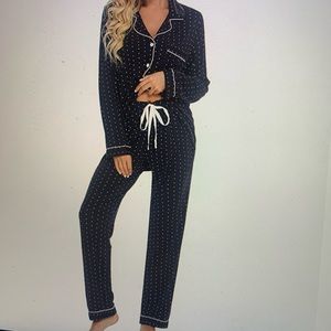 Women's ultra soft - Long sleeve button down PJ set - navy blue polka dots
